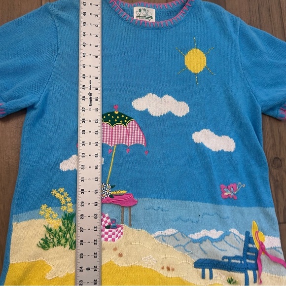 Quacker Factory Beach Scene Sweater - Blue and Yellow - Picture 7 of 9